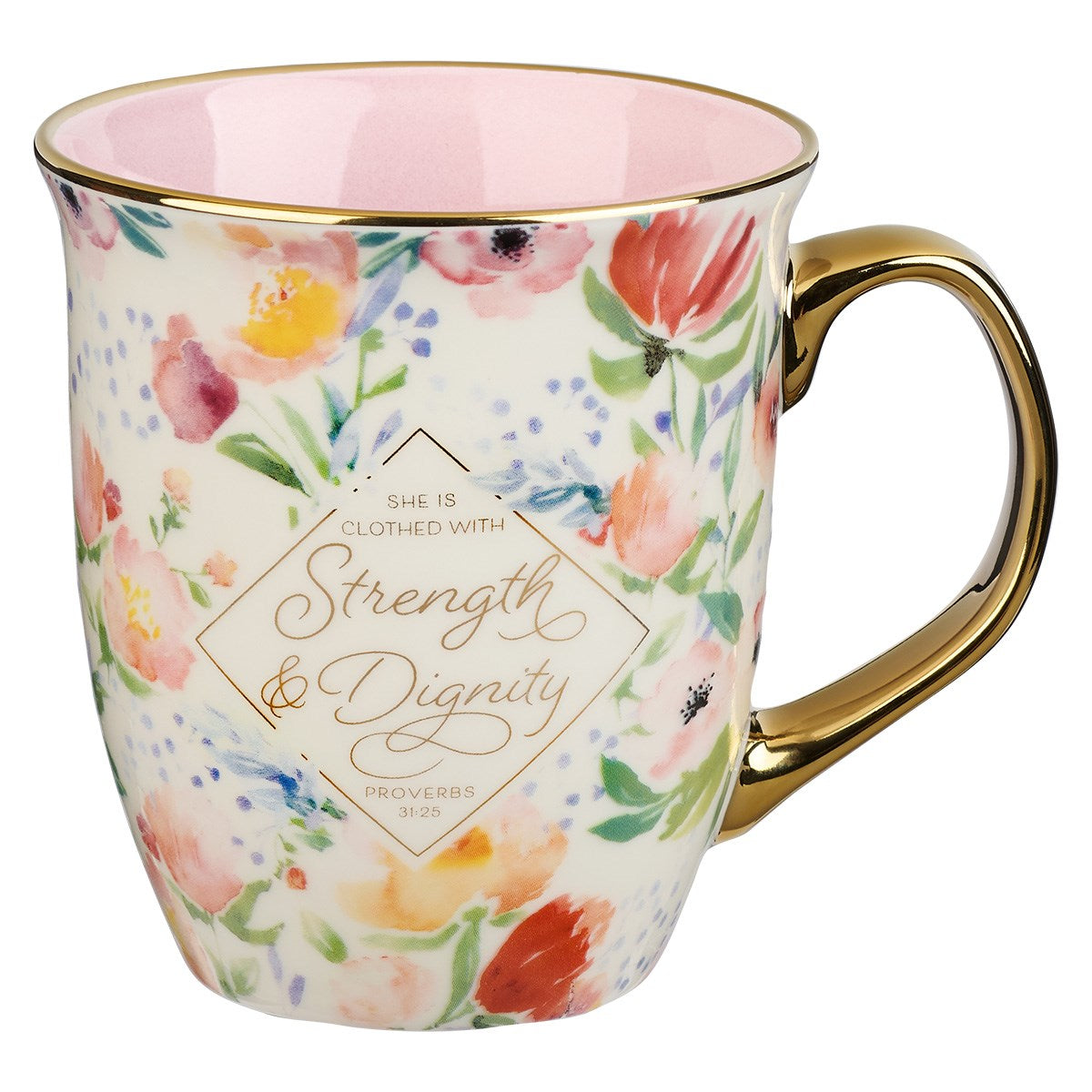 Mug-Strength &amp; Dignity-Proverbs 31:25-Pink/White Floral